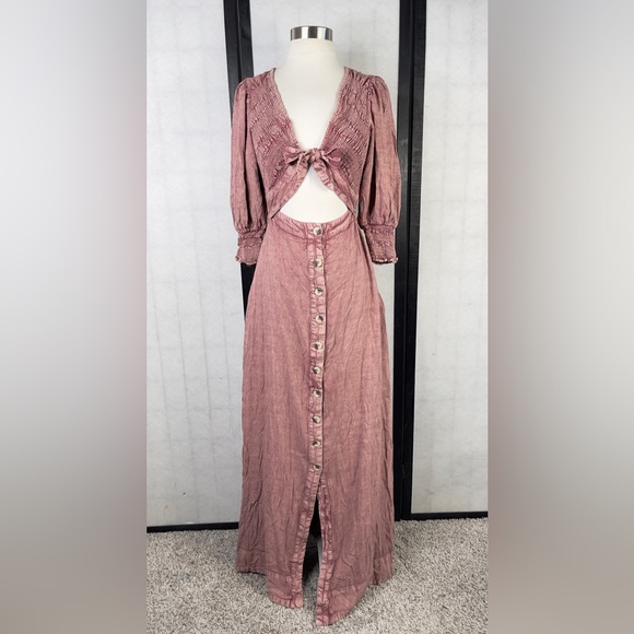 Free People Dresses & Skirts - Pink Button-Down Maxi Dress with Tie Front